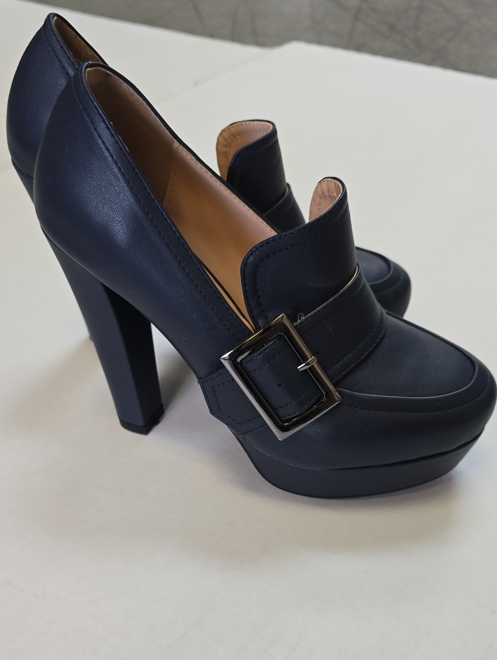 Navy Platform High-Heel Loafers with Buckle